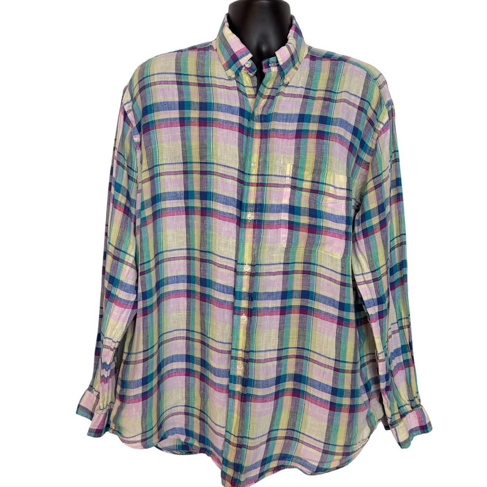 VTG 90s Ralph Lauren Men L Blake Multicolor Madras Plaid 100% Linen Shirt Beach